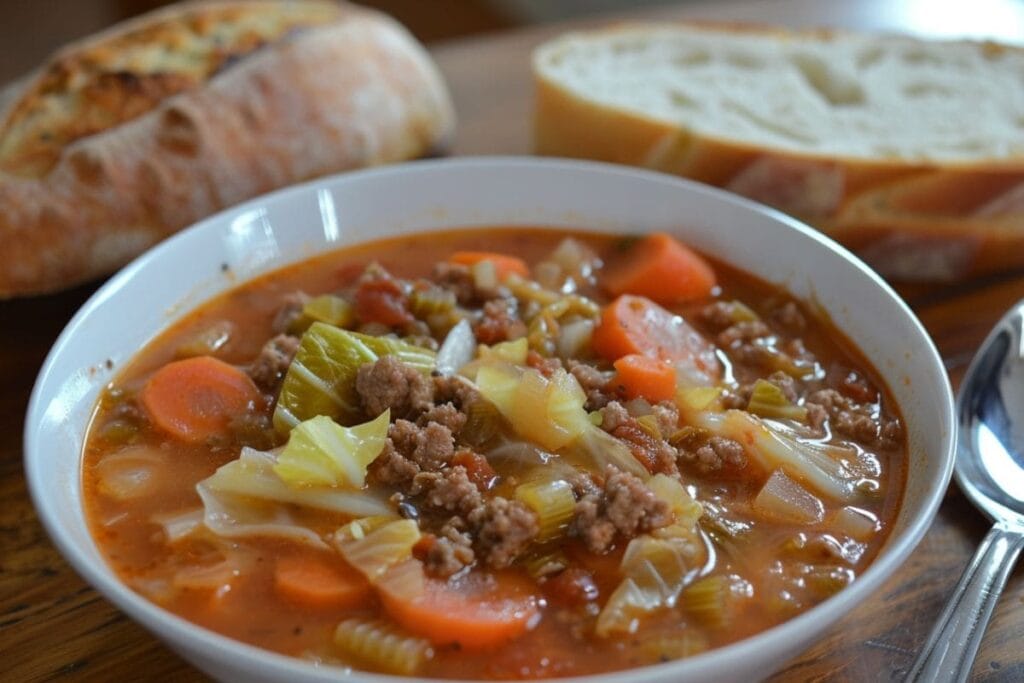 A steaming bowl of cabbage soup with ground beef, garnished with fresh parsley, served with crusty bread