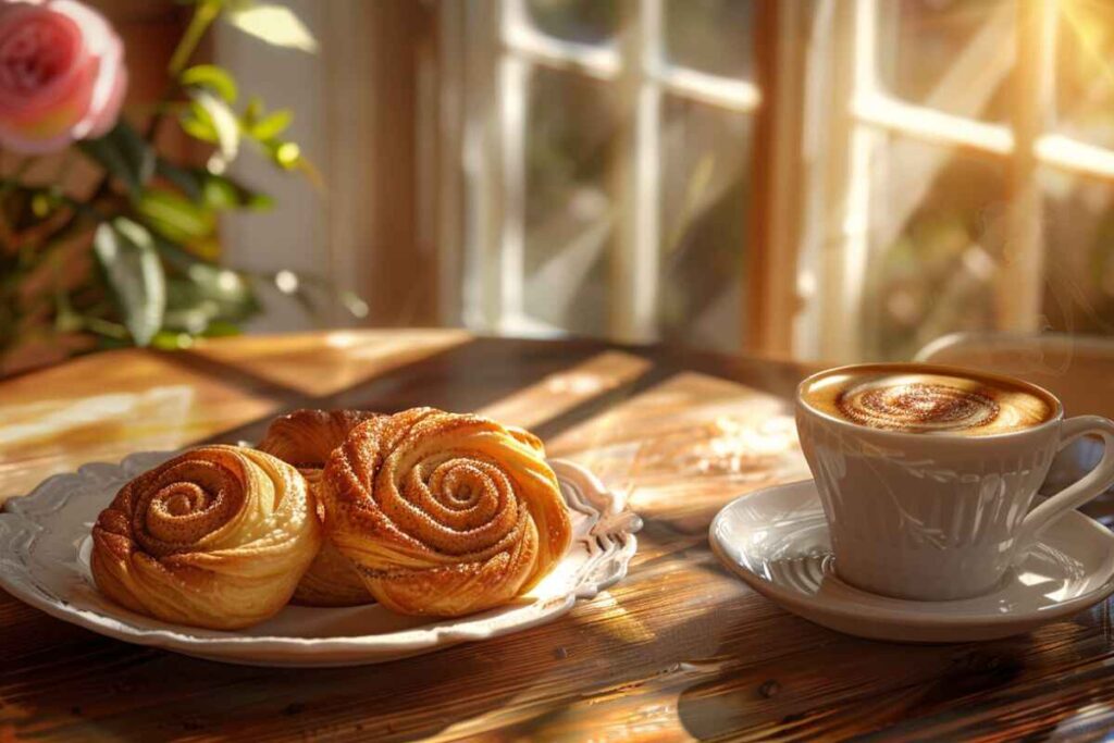 A plate of cinnamon Danish pastries served with a cup of coffee on a cozy table