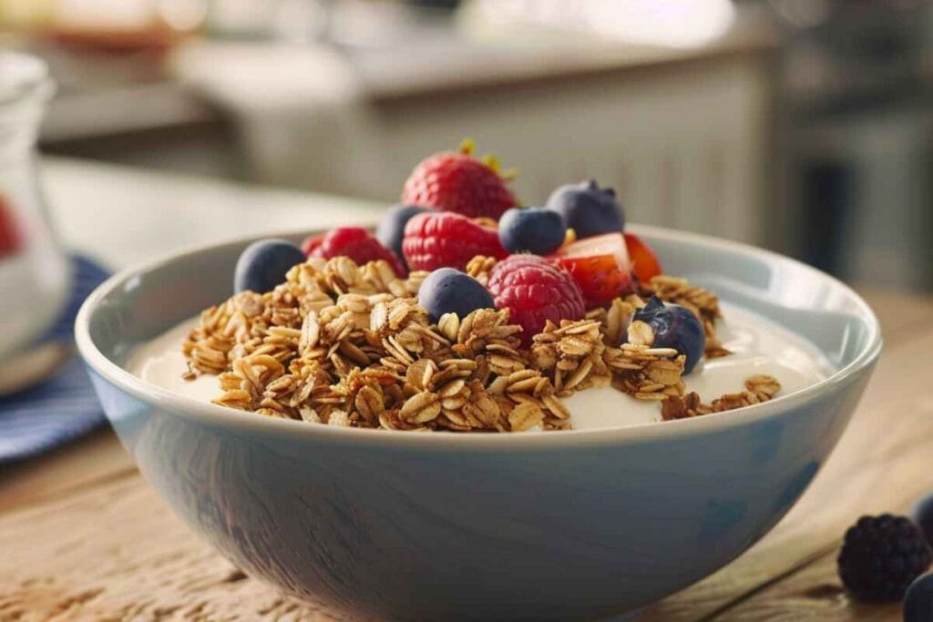 A close-up view of homemade low sugar granola in a ceramic bowl with fresh fruit and yogurt on the side