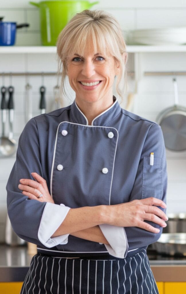 A smiling female chef standing in a modern kitchen, wearing a gray chef coat with white piping and a striped apron