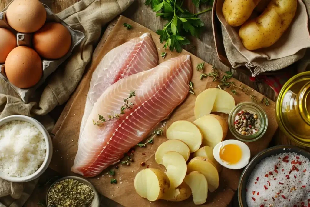 Raw fish fillets, potatoes, eggs, panko breadcrumbs, spices, and olive oil on a rustic kitchen counter