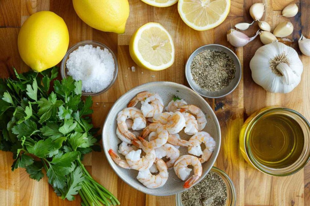 Fresh tiger shrimp with garlic, herbs, lemon, olive oil, and spices arranged on a wooden countertop