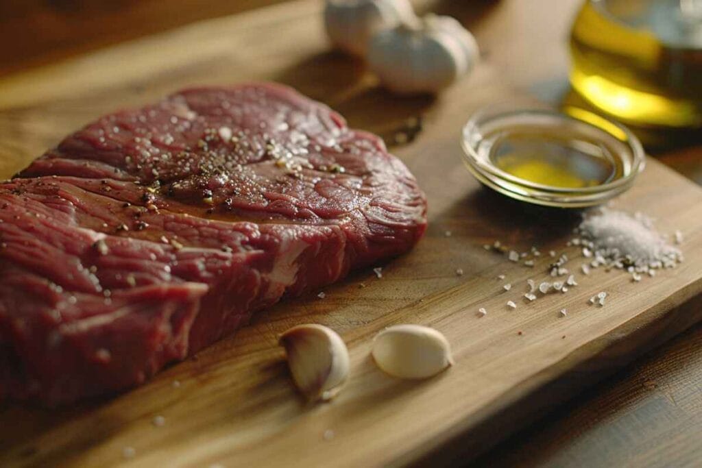 Raw flat iron steak on a cutting board surrounded by rosemary, garlic cloves, olive oil, salt, and pepper