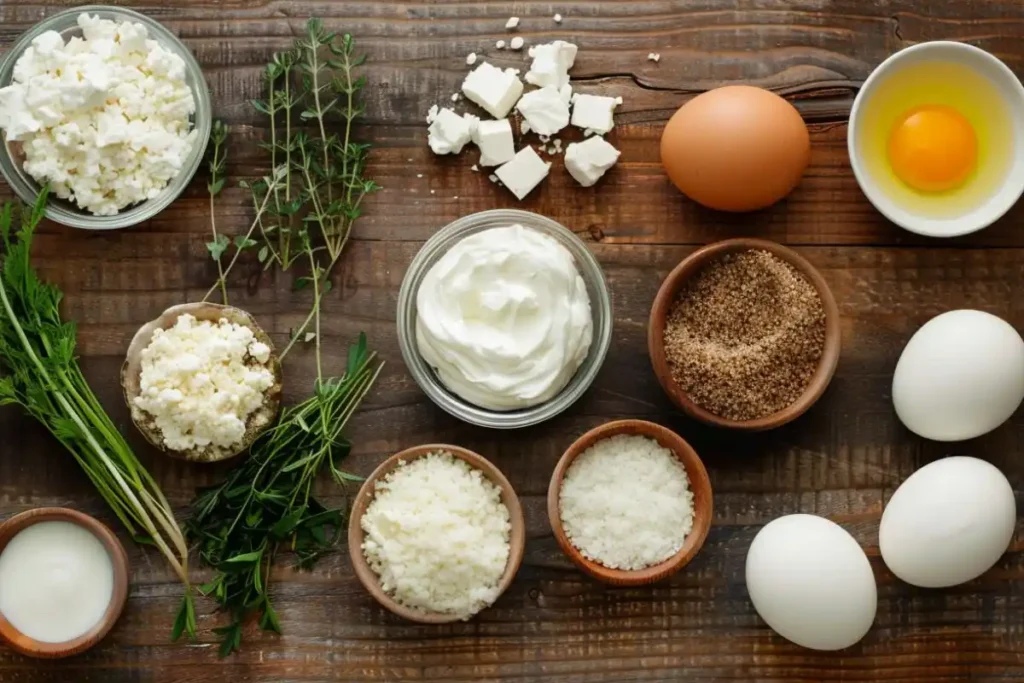 Ingredients for goat cheese balls, including goat cheese, breadcrumbs, eggs, herbs, and flour