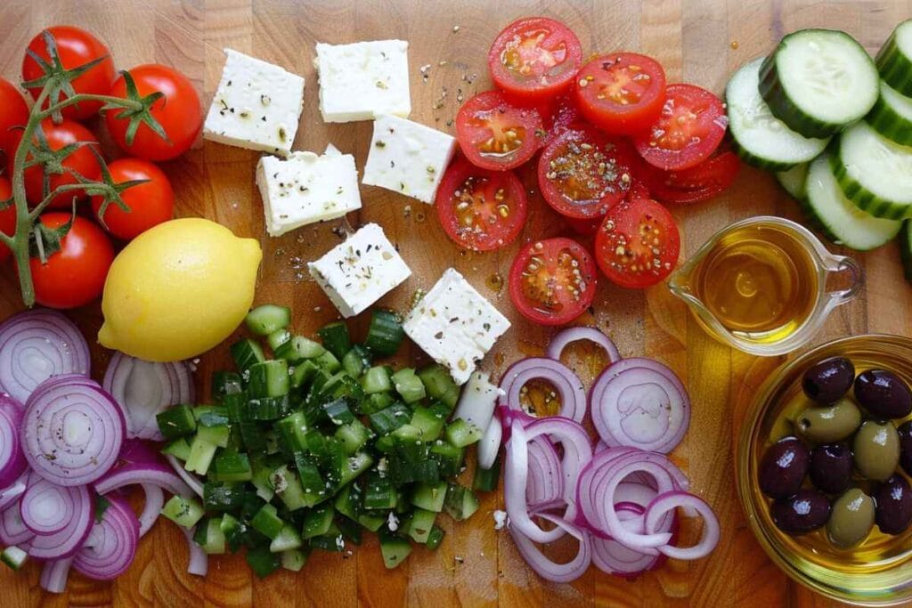 Fresh ingredients for Greek salad, including cucumbers, tomatoes, olives, red onion, feta, and lemon