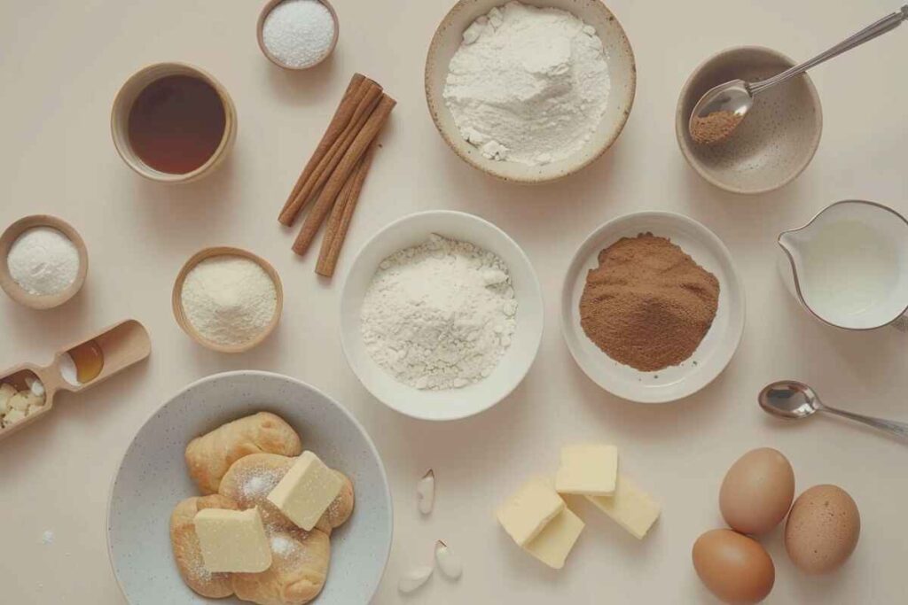 Flat lay of ingredients for cinnamon Danish, including flour, butter, sugar, eggs, and cinnamon