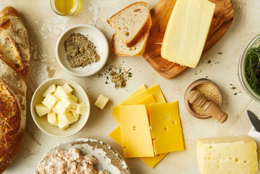 Fresh ingredients for a tuna melt, including canned tuna, cheese slices, mayonnaise, butter, bread, and seasonings arranged on a countertop