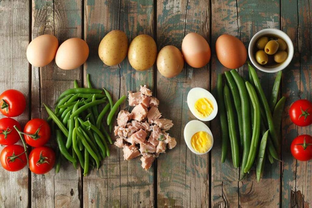 Fresh ingredients for Tuna Niçoise Salad laid out on a wooden surface