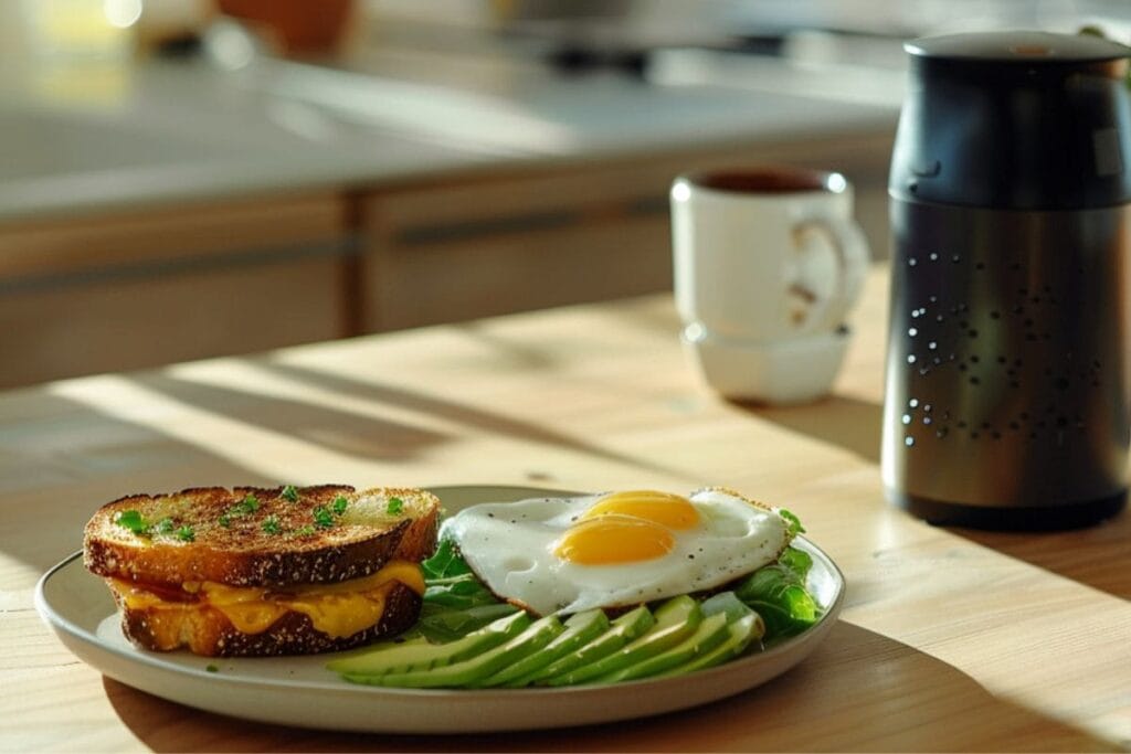 A high-protein breakfast plate with sunny-side-up eggs, avocado slices, and a toasted sandwich on a sunlit table