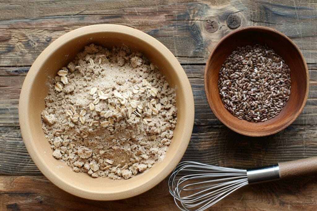 Ingredients for whole grain pancake mix, including whole wheat flour, oats, and flaxseeds