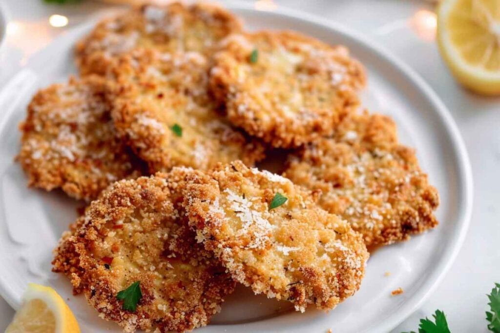 A plate of golden-brown Parmesan Crusted Zucchini slices garnished with parsley