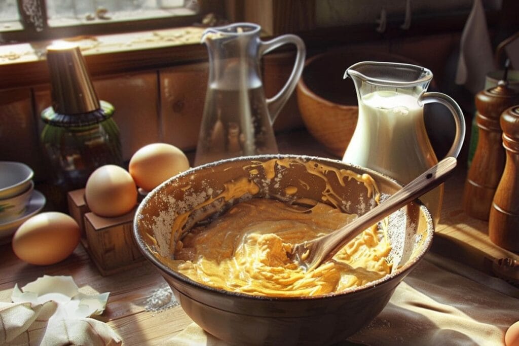 A mixing bowl with whole grain pancake batter, a wooden spoon, and fresh ingredients nearby