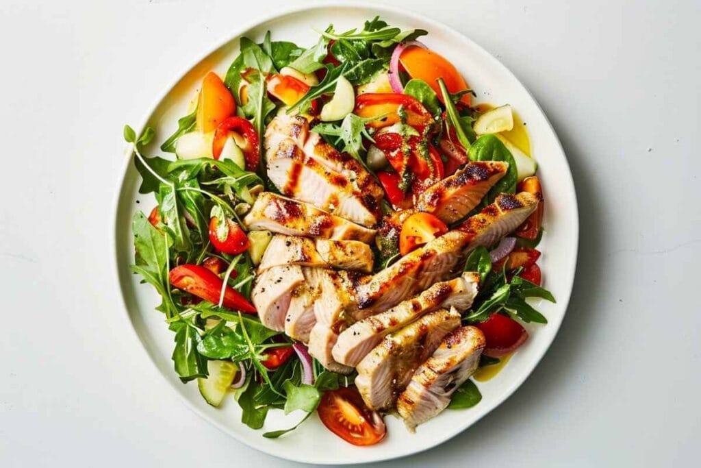 A serving of Tuna Niçoise Salad with vinaigrette drizzled over it on a white plate