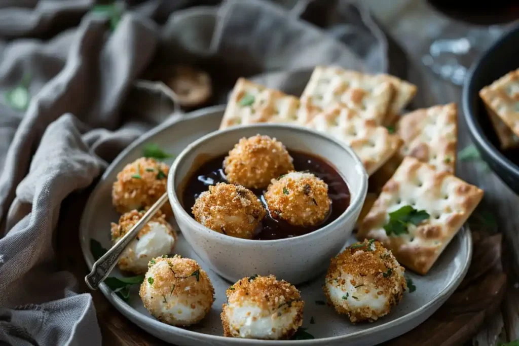 Goat cheese balls served with a small bowl of dipping sauce and garnished with fresh herbs