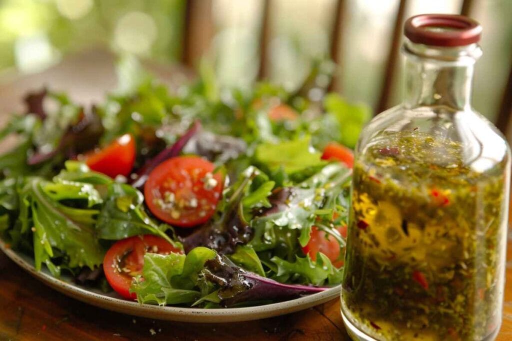 A fresh salad drizzled with Greek Lemon Vinaigrette alongside a jar of dressing