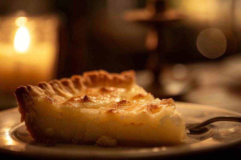 A close-up of a slice of potato pie served on a plate, garnished with fresh parsley and accompanied by a fork
