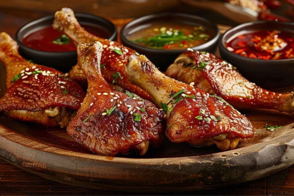 Crispy duck wings served on a wooden platter with dipping sauces and garnishes