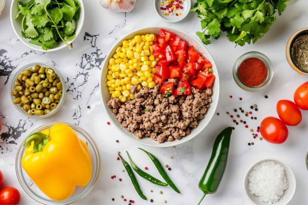 A flat lay of taco soup frios ingredients including ground beef, black beans, corn, diced tomatoes, and seasoning packets