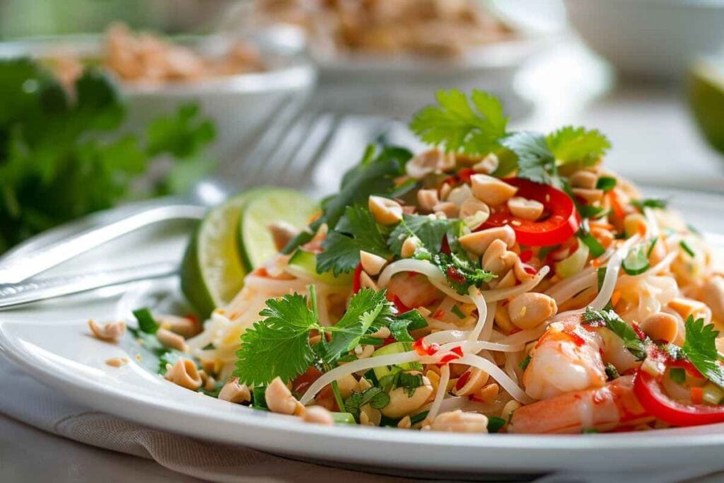 A serving of Thai noodle salad on a white plate with lime wedges and a fork