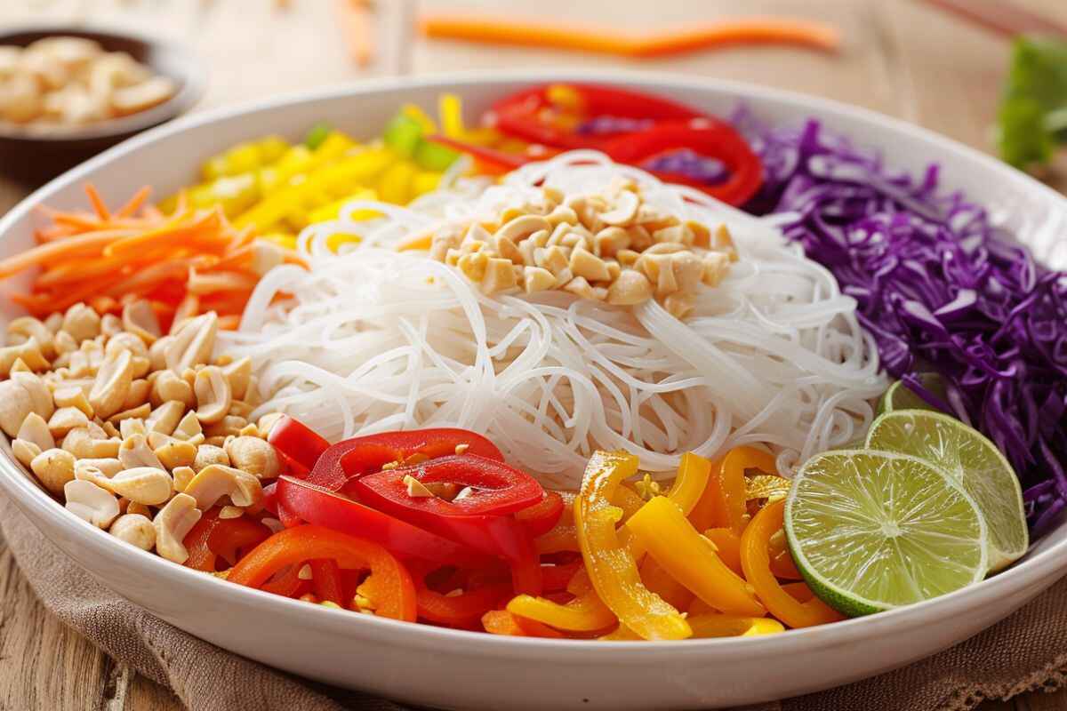 A vibrant bowl of Thai noodle salad with colorful vegetables and fresh herbs