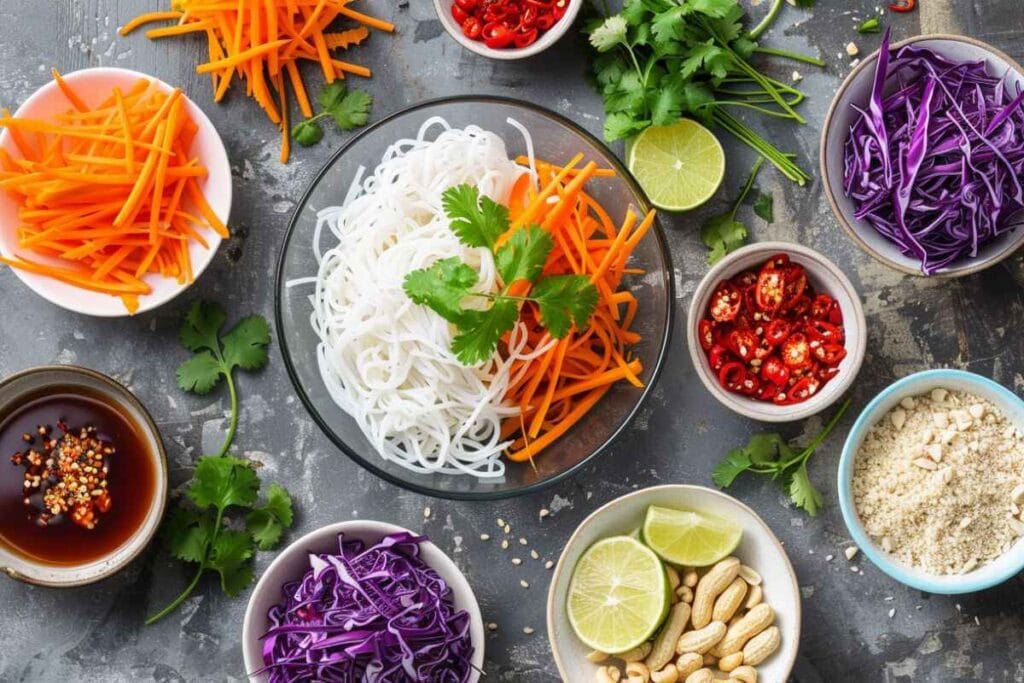 Fresh ingredients for Thai noodle salad, including rice noodles, vegetables, and dressing components
