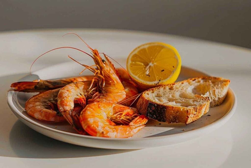 A plate of garlic shrimp served with crusty bread and a side of lemon