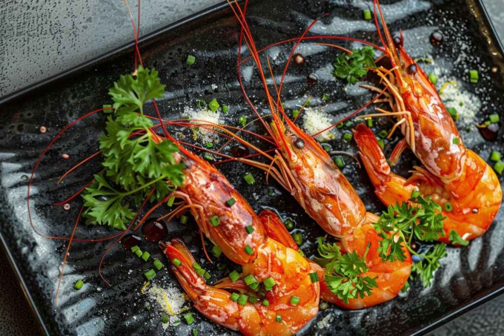 A plate of tiger shrimp served with linguine pasta, fresh parsley, and lemon zest