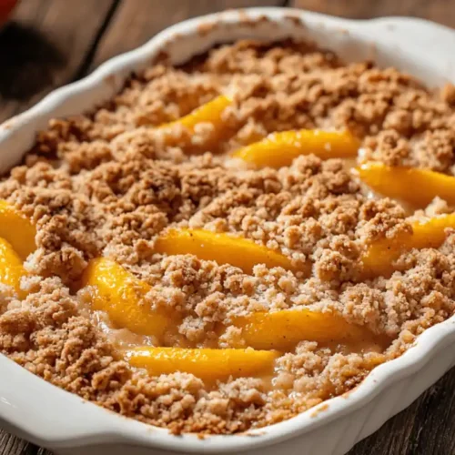 A freshly baked peach crumble in a white ceramic baking dish, with golden peach slices and a crispy, golden-brown crumb topping