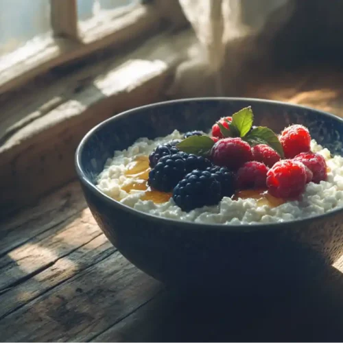 Bowl of creamy cottage cheese topped with colorful berries and honey