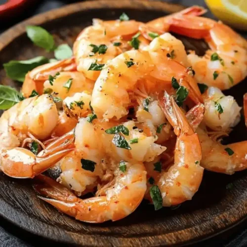 A close-up of freshly cooked seafood served with lemon slices and herbs on a wooden plate