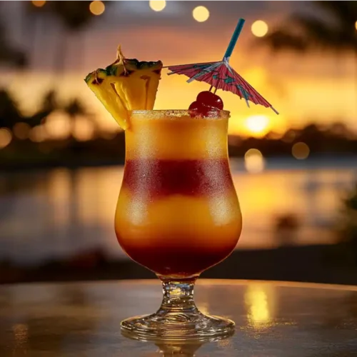 A vibrant Bahama Mama cocktail garnished with pineapple and cherry in a tropical setting