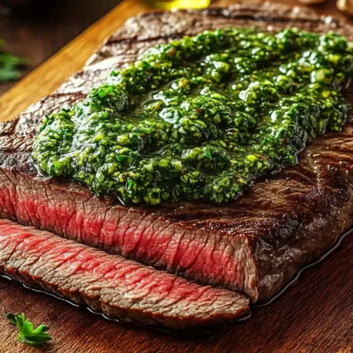 A perfectly cooked bavette steak sliced thinly, displayed on a wooden board with fresh herbs and chimichurri sauce