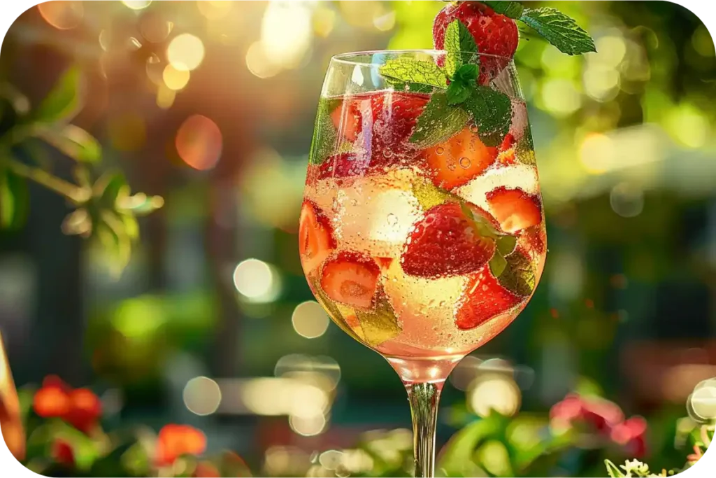 A fruity variation of Hugo Spritz garnished with fresh strawberries and mint