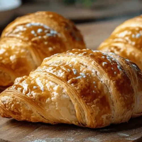 Golden brown Gipfeli pastries arranged on a wooden board