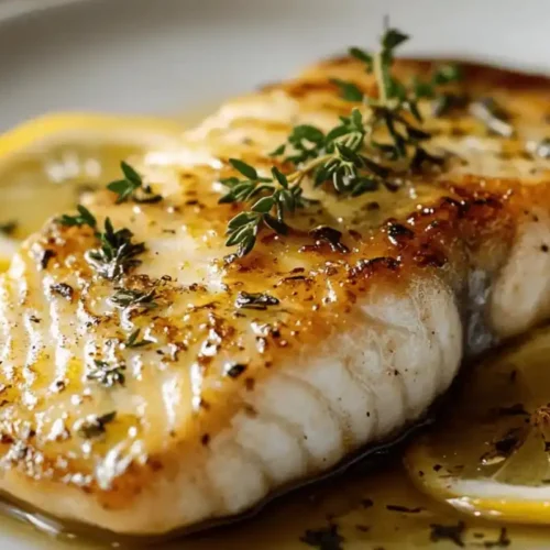 A perfectly cooked rockfish fillet garnished with lemon slices, fresh herbs, and served on a white plate