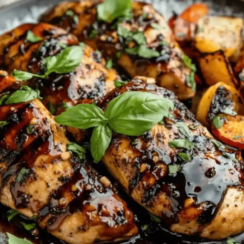 A plate of balsamic chicken breasts with a glossy glaze, garnished with fresh basil and served with roasted vegetables