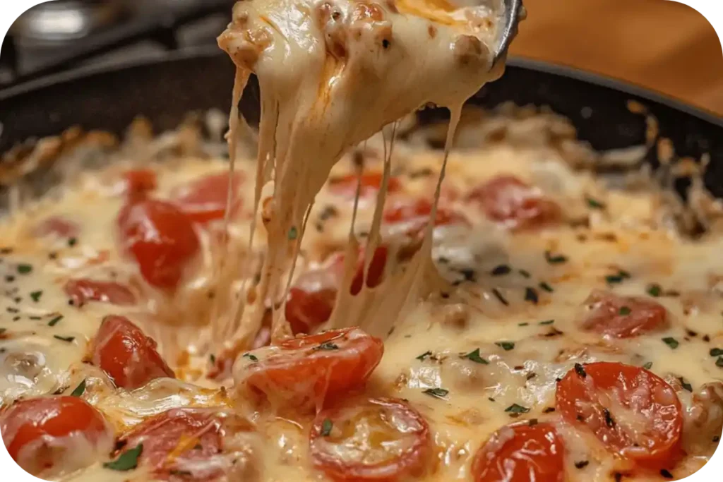 Melted cheese being lifted from a hot skillet filled with cherry tomatoes and herbs