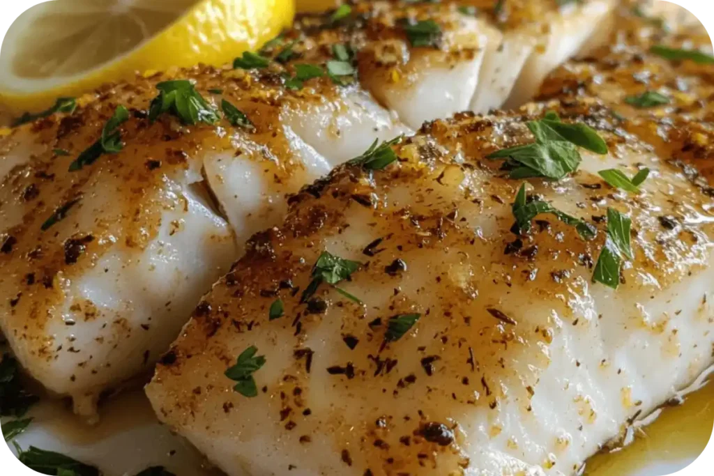 Cooked rockfish fillet served with lemon slices and fresh parsley