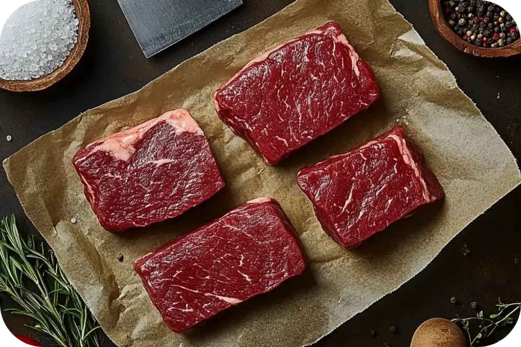 A butcher’s display of fresh bavette steaks with marbling and vibrant red color