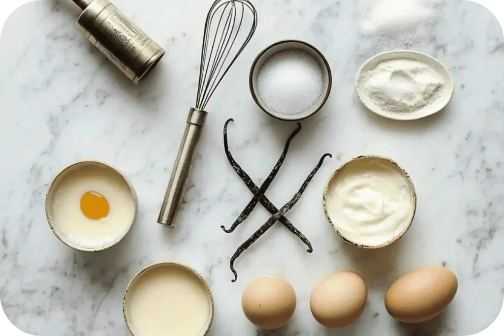 An artistic flat lay of Crème Brûlée ingredients: a glass bowl of heavy cream, vibrant golden egg yolks in a white dish, a pile of granulated sugar, and a vanilla bean placed neatly on a marble background. These fresh and simple components set the stage for creating this timeless dessert