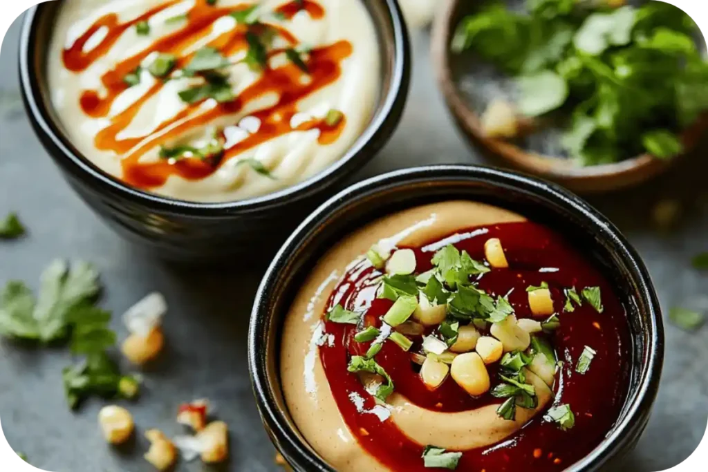 Two dipping bowls, one with a mix of ketchup and mayo and another with chipotle mayo drizzled with honey