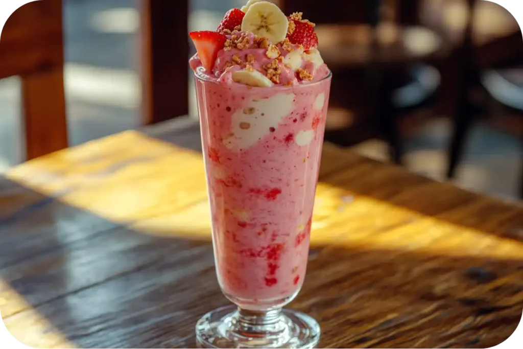 Cottage cheese smoothie in a tall glass with strawberries and bananas