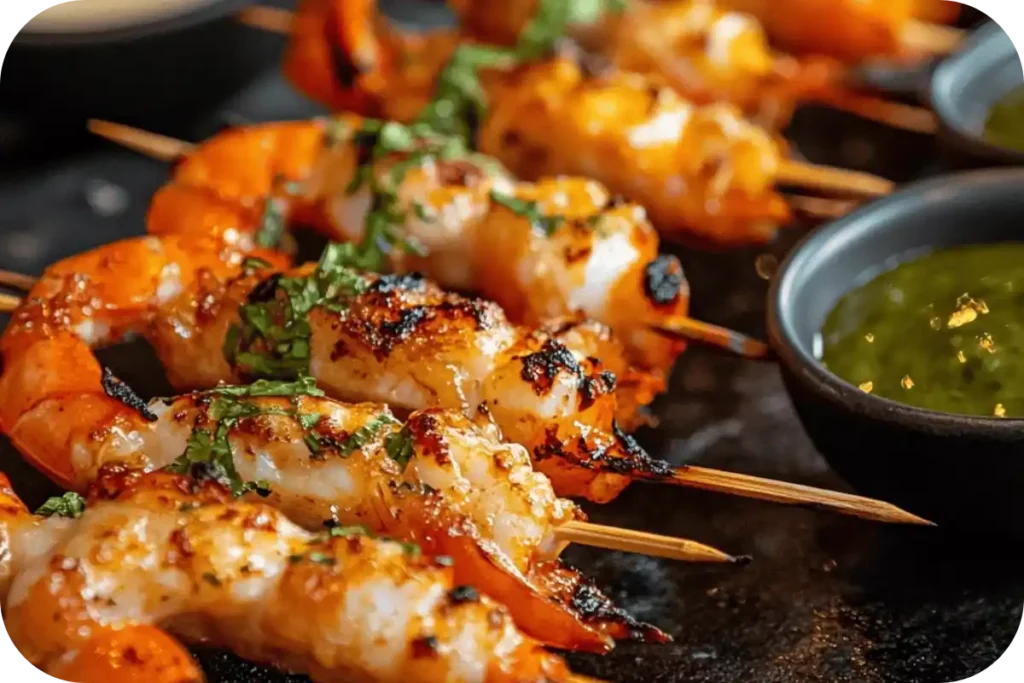 Grilled seafood skewers with a charred finish served on a platter with dipping sauce