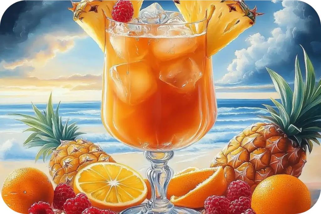 A frozen Bahama Mama cocktail in a frosty glass surrounded by ice cubes and tropical fruits
