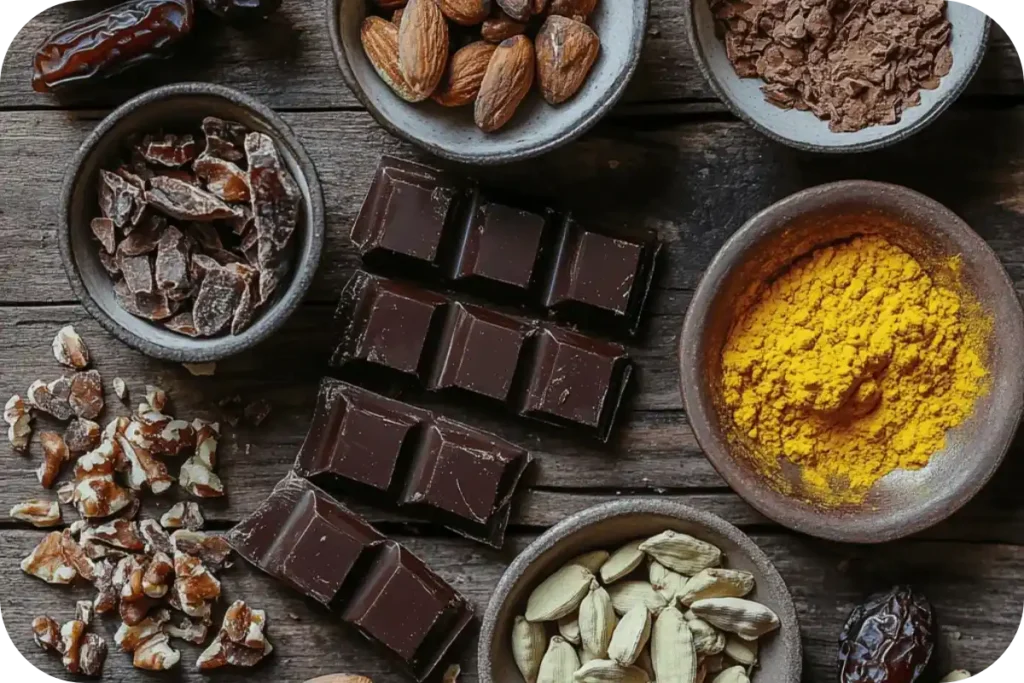 An assortment of ingredients for Dubai chocolate bars, including chocolate, pistachios, dates, and saffron