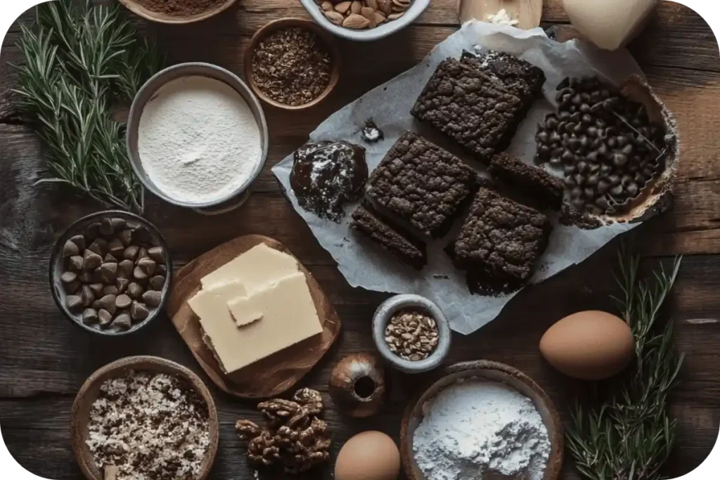 Flat lay of brookie ingredients including flour, butter, sugar, eggs, chocolate chips, cocoa powder, walnuts, and baked brookies on parchment paper
