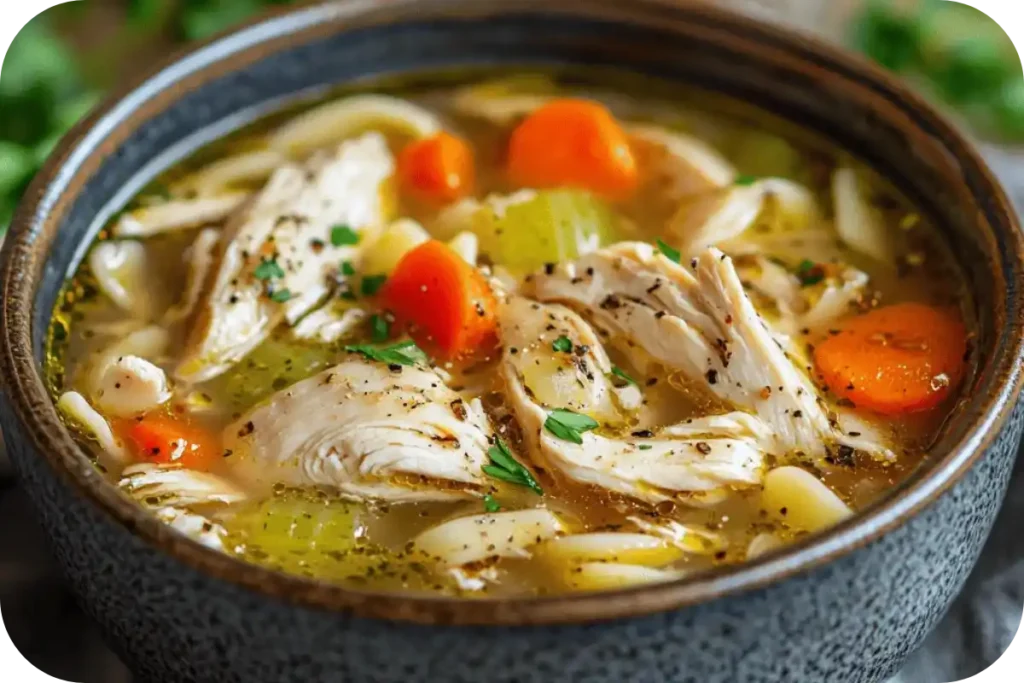 A steaming bowl of chicken noodle soup with carrots, celery, and shredded rotisserie chicken