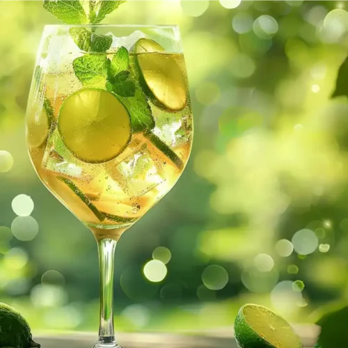 A refreshing Hugo Spritz cocktail with mint leaves, lime slices, and sparkling bubbles served in a wine glass