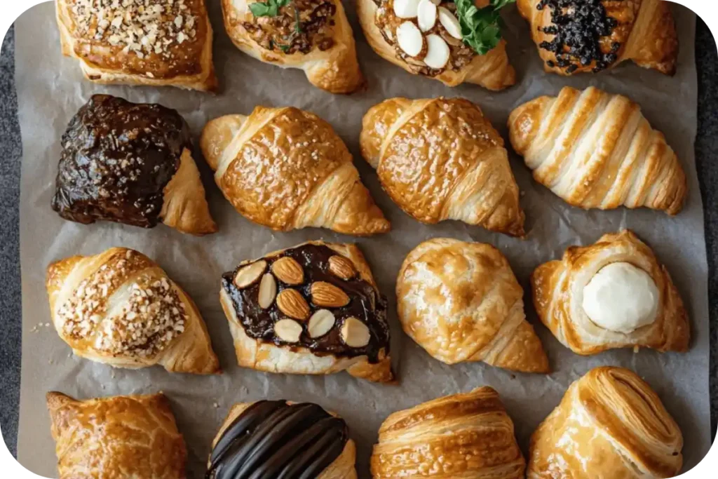 A variety of Gipfeli filled with chocolate, cheese, and sprinkled with almonds
