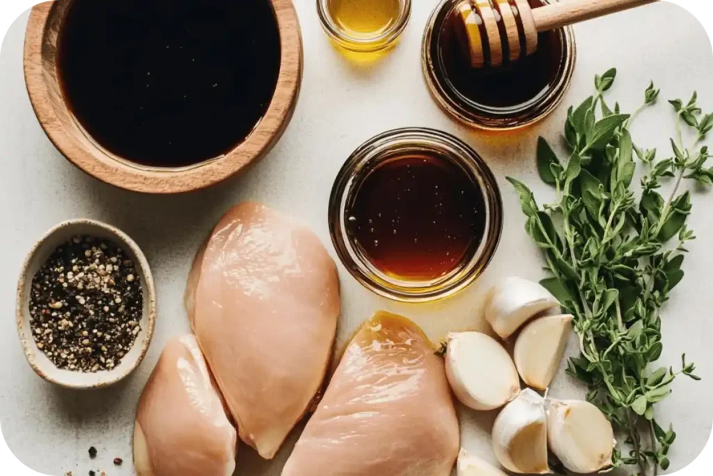 Ingredients for balsamic chicken, including balsamic vinegar, olive oil, garlic, and raw chicken breasts